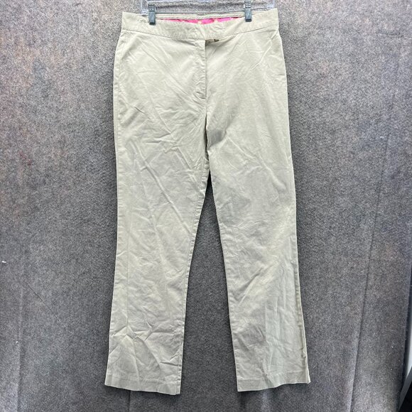 Lilly Pulitzer Pants Women 10 Khaki Cotton Spandex Straight Pink Palm Trouser - Picture 1 of 10